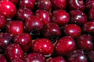 Cherry Background. Selective focus. Ripe sweet cherry berries. In drops of water. Close-up.
