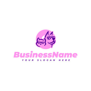 Pet vector logo. Cat and dog with glasses illustration. Animal pet care, health, veterinary, pet store, shop design