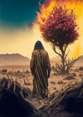 Man  standing in a desert in front of burning bush, biblical concept of Moses - obrazy, fototapety, plakaty