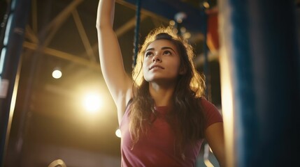 Fototapeta na wymiar Young woman exercising at gymnastics rings in climbing center