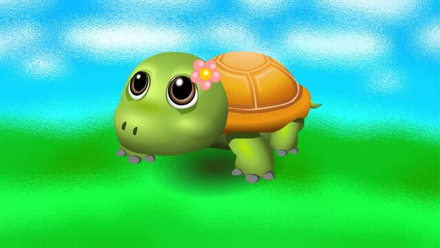 3d animation of cute baby turtle walking adorable , 2d animated background