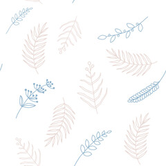 light brown and blue floral branches on white background, seamless pattern, background