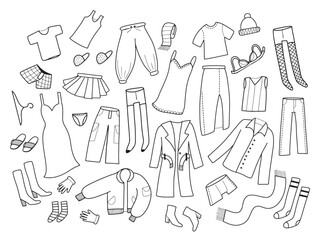 Big hand drawn set with casual clothes in outline doodle design, isolated vector illustration