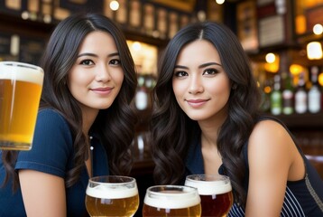 Two beautiful women smiling and drinking beer in a cafe or a pub, created with generative AI