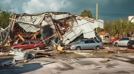 Fototapeta na wymiar Hurricane destroyed industrial building with damaged cars under ruins. Natural disaster and its consequences. Generative AI