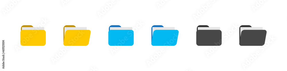 Poster folder with documents. open and close file. archive yellow, blue and black flat icon. vector isolate