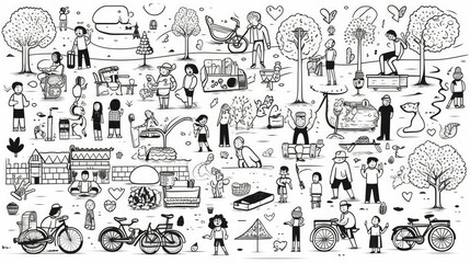 Doodle Character Vector Illustration - Various People Doing Different Activities