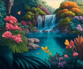 Illustration of beautiful garden of Eden with tropical flowers and waterfall