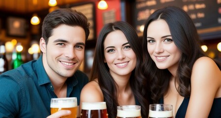 A group of young persons having fun and drinking in a pub, created with generative AI