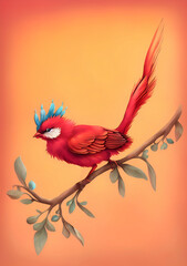 Beautiful fantasy red bird on a branch illustration. Generative AI + digital painting.