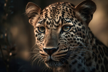 Majestic leopard staring intensely with blurred bokeh background. Close-up portrait of a wild feline predator in its natural habitat. AI Generative.