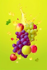 illustration, apples and grapes flying with splashes of juice, ai generative