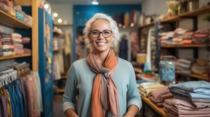 Happy female shop owner in blue scarf in clothing boutique
