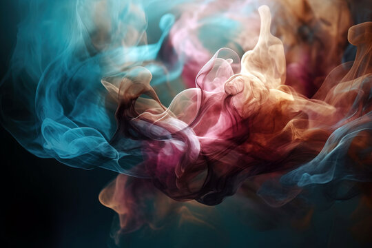 Concept of abstract fantastic dense purple and colorful smoke in liquid on black background