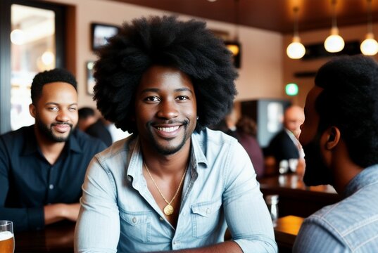 A portrait of a young black man smiling while drinking with a friend in a cafe, created with generative AI