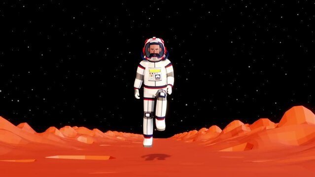 Astronaut in spacesuit walking on the surface of Mars in low-gravity. A Spaceman is on Mars. Front view. 3D looped animation in a low-poly style.