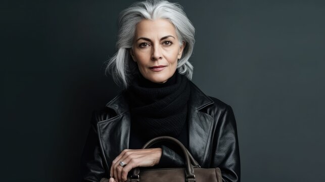 Portrait of a confident mature man with grey hair and a handbag