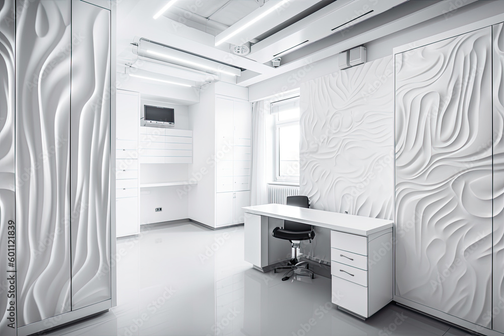 Poster white reception room with a sinuous pattern on the wall in a modern office, created with generative 