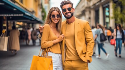 Young couple with shopping bags in the city