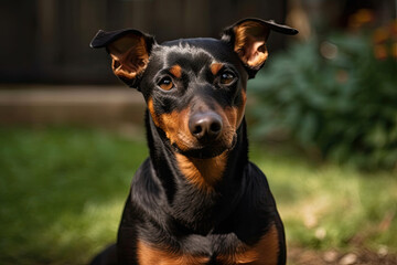 Black and tan german pinscher portrait on summer time. Tan-and-black German Pinscher with uncropped ears sitting on lawn in backyard, created with Generative AI