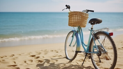 Feminine bicycle of comfort class with empty basket on the sandy beach of mediterranean sea. Blue cruiser bike on sunny day at sea shore with a lot of copy space for text. Generative AI