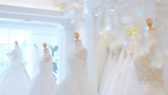 Small business. Wedding dress shop salon owners. Marry dress rental shop office studio, Choice of the style of the dress. Marriage ceremony concept.