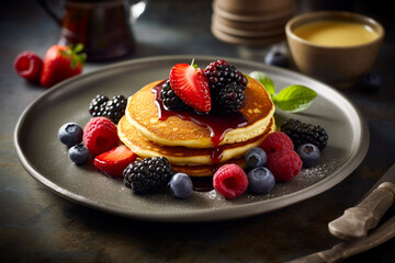 Plate of pancakes with berries and syrup created with AI technology