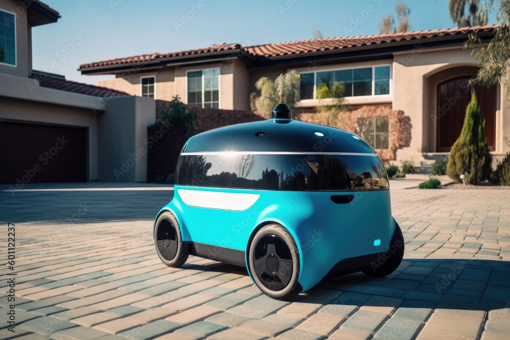 Poster autonomous delivery robot stands on the path next to house at town, created with generative ai