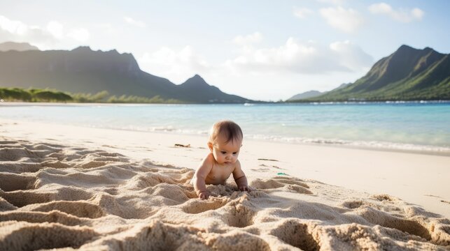 Baby crawling in the sand at Waimanalo beach