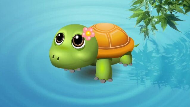 3d animation of cute baby turtle walking adorable , 2d animated background