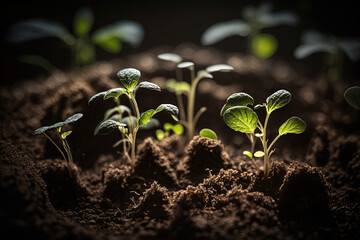 Seedlings grow from soil earth. Beautiful ecosystem, new life, hope and investment concept. Generative AI.