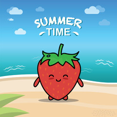 Cute kawaii strawberry on a beach. Summer time EPS Vector