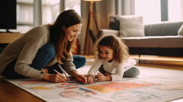 Mother and daughter drawing on the rug
