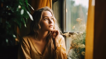 Thoughtful young woman looking at trees from window