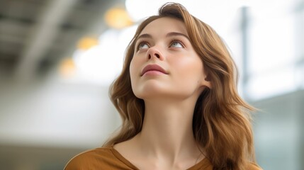 Portrait of a thoughtful young woman looking up