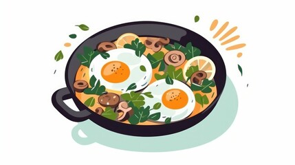 Flat illustration of a breakfast with fried egg, mushroom, and spinach
