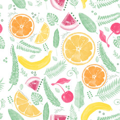 lemon, watermelon, cherries and bananas with palm leaves on white ground, seamless pattern, summer background