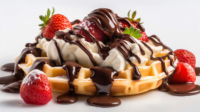 Capture a mouthwatering and exquisite close-up photograph of Belgium waffles with chocolate sauce, ice cream and strawberries isolated on white background. Generative AI