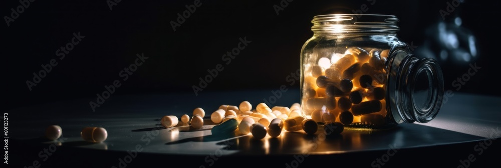 Poster a jar filled with lots of pills on top of a table. generative ai image.