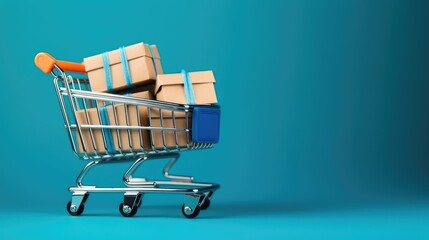 Small paper shopping bags with shopping cart on blue background