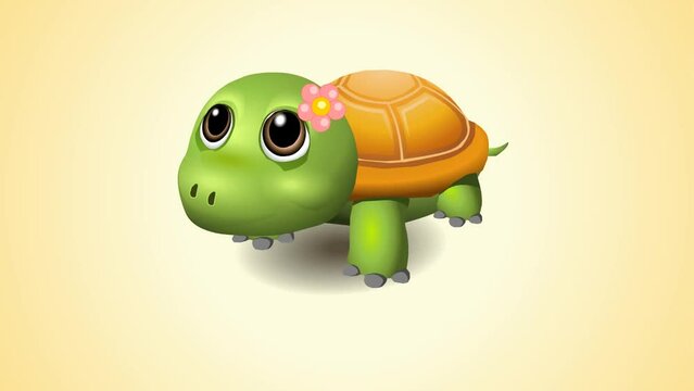 3d animation of cute baby turtle walking adorable , 2d animated background