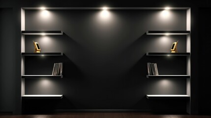 Empty niches or shelves on black wall with led spotlight - obrazy, fototapety, plakaty