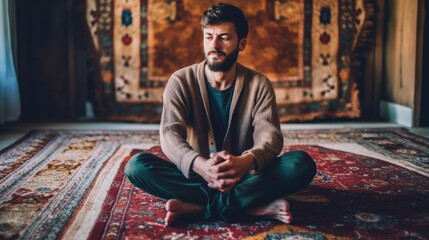 Thoughtful man sitting on carpet at home