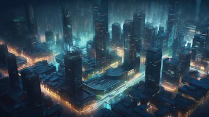 Illustration of aerial cityscape of a futuristic city in cyberpunk style. Generative AI