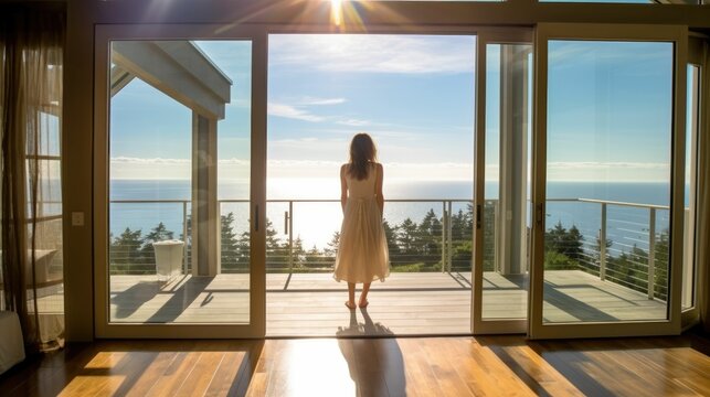 Young woman standing at a luxurious patio door with ocean view