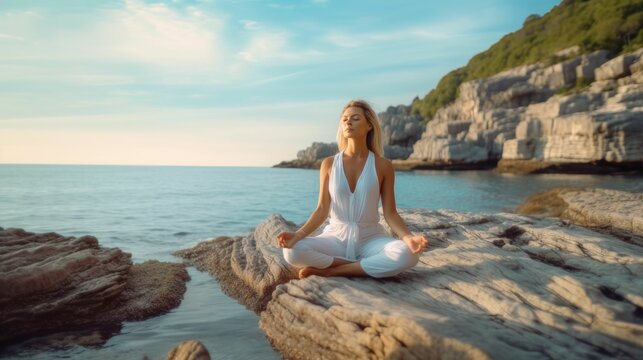 Young Woman Meditating on Rocky Seashore