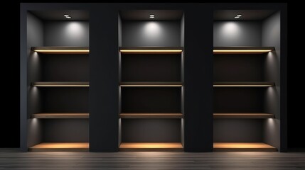 Three empty niches or shelves on black wall with LED spotlight - obrazy, fototapety, plakaty