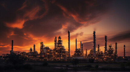 Obraz na płótnie Canvas Petrochemical industrial plant power station at sunset, Generative AI