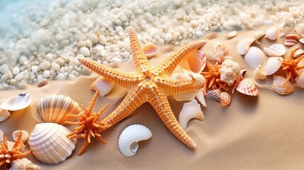 Fototapeta na wymiar Starfish and seashell on the summer beach in sea water