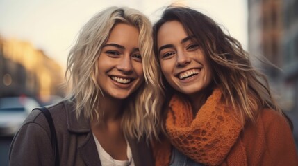 Fototapeta premium Portrait of two happy young women